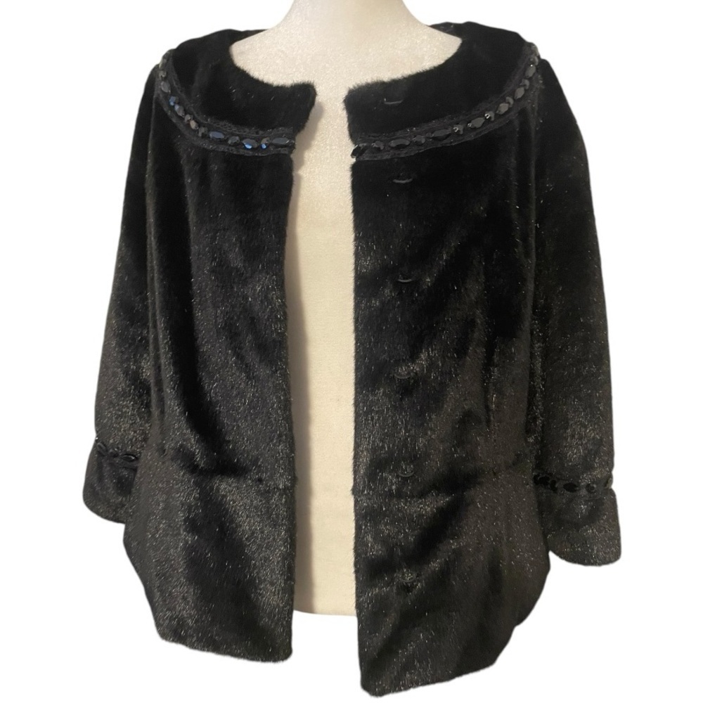 Terry Lewis Classic Luxuries Cropped Faux Fur Black Beaded Jacket Sz M Formal - Picture 4 of 9